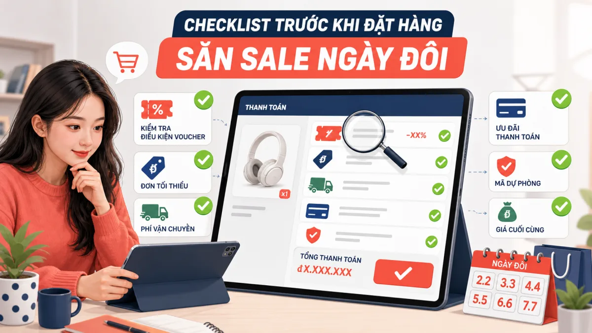 Minh họa checklist kiểm tra voucher trước khi chốt đơn sale ngày đôi Shopee