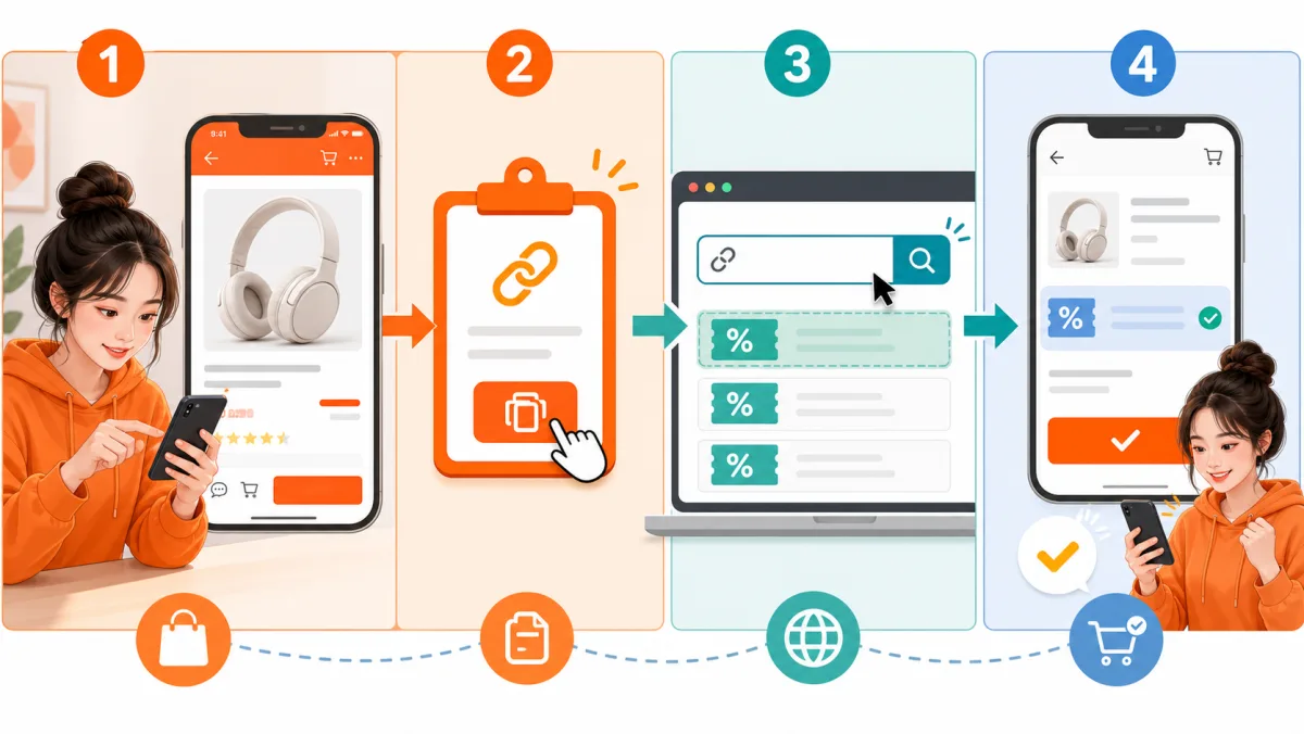 Minh họa luồng copy link Shopee dán vào sansale.org rồi lấy mã voucher