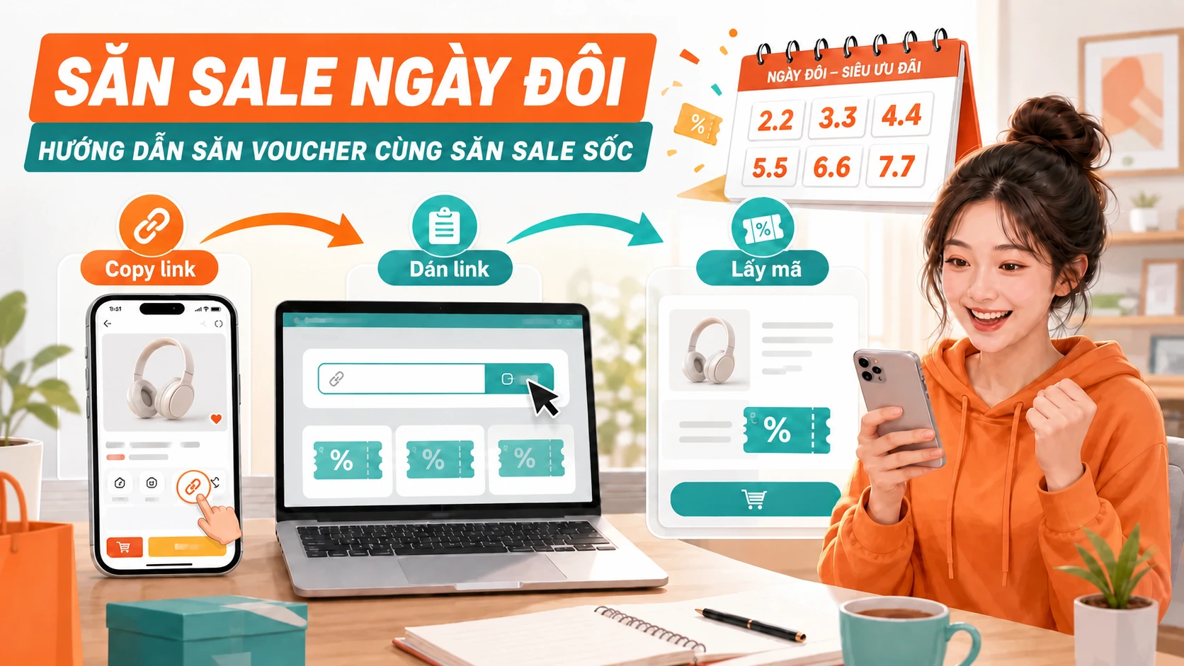 Minh họa quy trình săn sale ngày đôi Shopee bằng cách copy link sản phẩm và lấy mã trên sansale.org