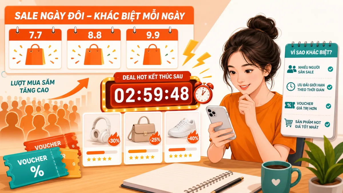 Minh họa nữ mua sắm chuẩn bị săn sale ngày đôi Shopee khác ngày thường