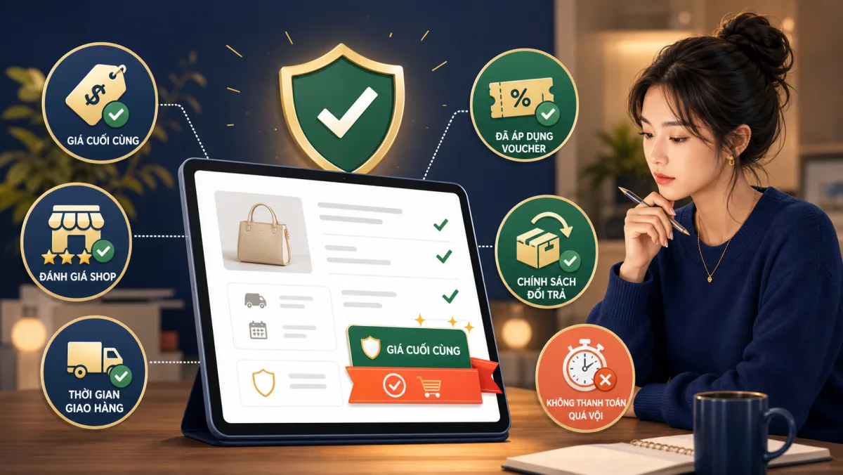 Minh họa kiểm tra checkout an toàn trước khi đặt hàng Shopee 12.12
