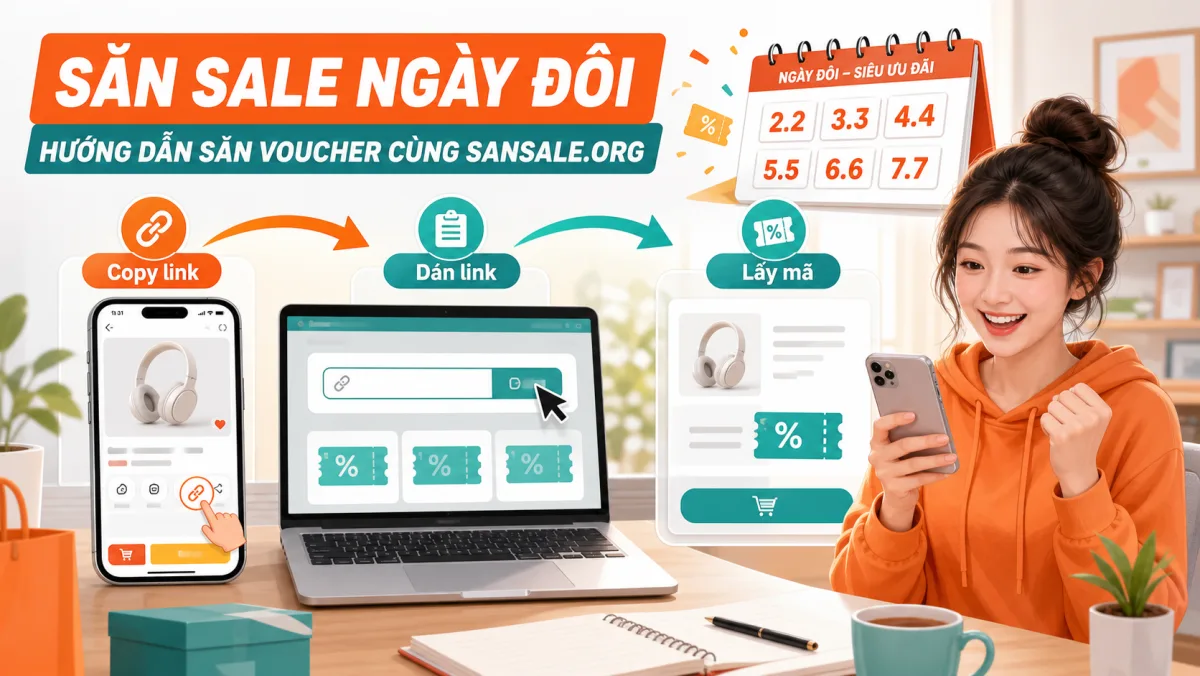 Minh họa quy trình săn sale ngày đôi Shopee bằng cách copy link sản phẩm và lấy mã trên sansale.org
