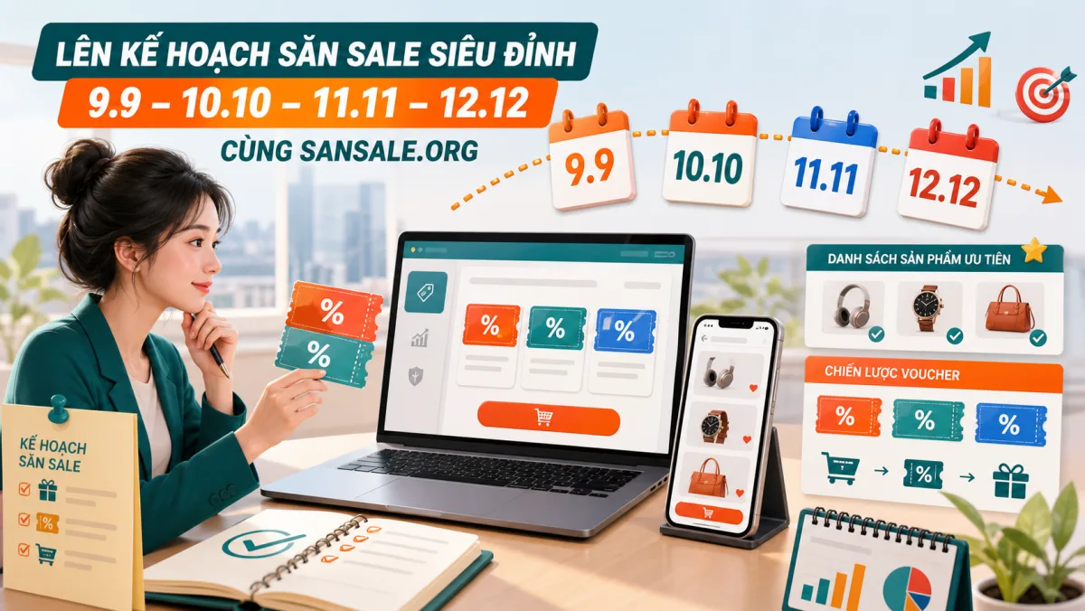 Minh họa checklist săn voucher Shopee 9.9 10.10 11.11 bằng sansale.org